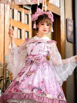 Ensemble Lolita de style japonais : robe Lolita kimono rose sans manches à imprimé floral et n艙uds en polyester.