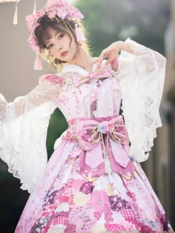Ensemble Lolita de style japonais : robe Lolita kimono rose sans manches à imprimé floral et n艙uds en polyester.