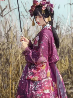 Ensemble Lolita de style japonais : robe Lolita kimono rose sans manches à imprimé floral et n艙uds en polyester.