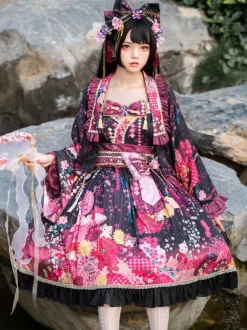 Ensemble Lolita de style japonais : robe Lolita kimono rose sans manches à imprimé floral et n艙uds en polyester.