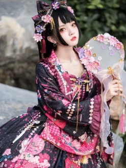 Ensemble Lolita de style japonais : robe Lolita kimono rose sans manches à imprimé floral et n艙uds en polyester.