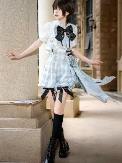 Ensemble Lolita Ouji combinaison et chemise Lolita à carreaux bleus et blancs