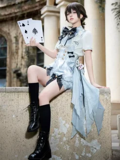 Ensemble Lolita Ouji combinaison et chemise Lolita à carreaux bleus et blancs