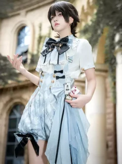 Ensemble Lolita Ouji combinaison et chemise Lolita à carreaux bleus et blancs