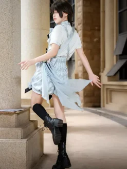 Ensemble Lolita Ouji combinaison et chemise Lolita à carreaux bleus et blancs
