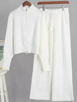 Ensemble lounge en maille à double fermeture éclair pour femme - Cardigan chic à col montant et pantalon large - Collection streetwear décontractée printemps 2026