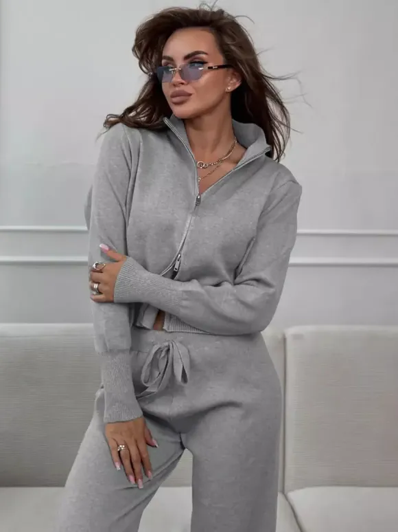 Ensemble lounge en maille à double fermeture éclair pour femme - Cardigan chic à col montant et pantalon large - Collection streetwear décontractée printemps 2026