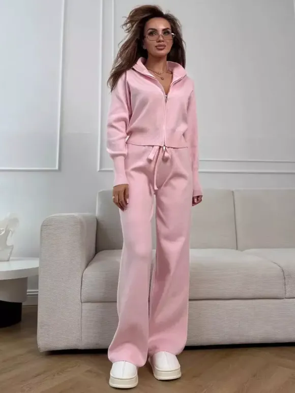 Ensemble lounge en maille à double fermeture éclair pour femme - Cardigan chic à col montant et pantalon large - Collection streetwear décontractée printemps 2026