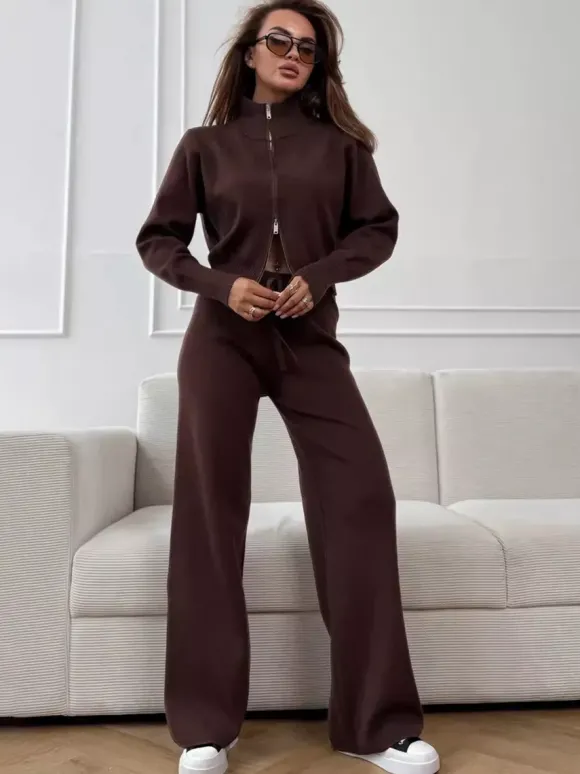 Ensemble lounge en maille à double fermeture éclair pour femme - Cardigan chic à col montant et pantalon large - Collection streetwear décontractée printemps 2026