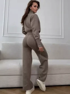 Ensemble lounge en maille à double fermeture éclair pour femme - Cardigan chic à col montant et pantalon large - Collection streetwear décontractée printemps 2026