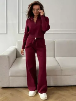 Ensemble lounge en maille à double fermeture éclair pour femme - Cardigan chic à col montant et pantalon large - Collection streetwear décontractée printemps 2026