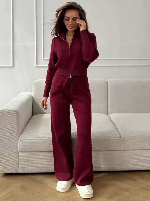 Ensemble lounge en maille à double fermeture éclair pour femme - Cardigan chic à col montant et pantalon large - Collection streetwear décontractée printemps 2026