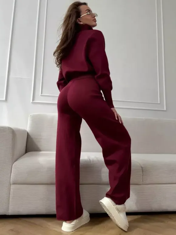 Ensemble lounge en maille à double fermeture éclair pour femme - Cardigan chic à col montant et pantalon large - Collection streetwear décontractée printemps 2026