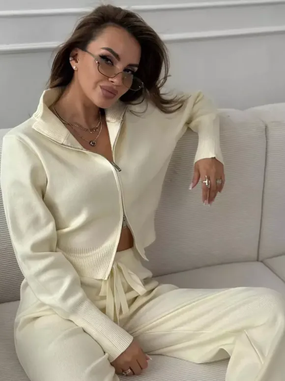 Ensemble lounge en maille à double fermeture éclair pour femme - Cardigan chic à col montant et pantalon large - Collection streetwear décontractée printemps 2026