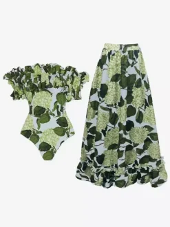 Ensemble maillot de bain une pièce à volants et jupe longue à imprimé floral épaules dénudées 2026