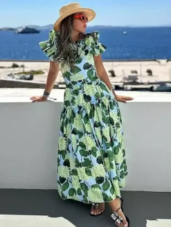 Ensemble maillot de bain une pièce à volants et jupe longue à imprimé floral épaules dénudées 2026