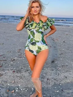 Ensemble maillot de bain une pièce à volants et jupe longue à imprimé floral épaules dénudées 2026