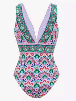 Ensemble maillot de bain vert sexy à lacets dos nu imprimé col en V sans manches