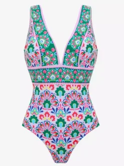 Ensemble maillot de bain vert sexy à lacets dos nu imprimé col en V sans manches