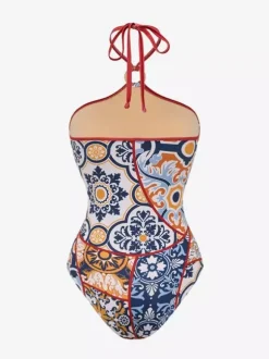 Ensemble maillot de bain et paréo rouge sexy à lacets dos nu imprimé floral et col en V