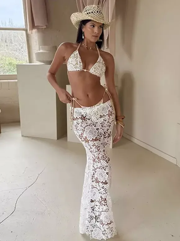 Ensemble maillot de bain et paréo blanc en dentelle sexy jupe longue sans manches soutien-gorge dos nu