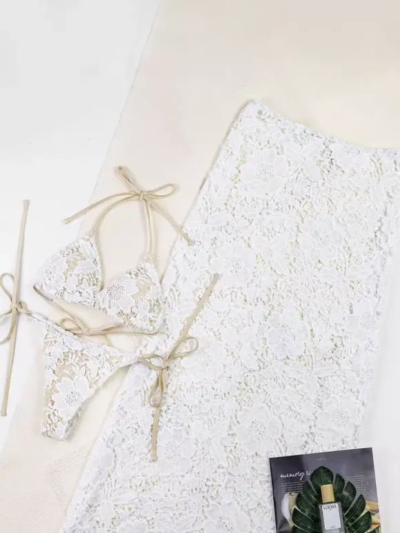 Ensemble maillot de bain et paréo blanc en dentelle sexy jupe longue sans manches soutien-gorge dos nu