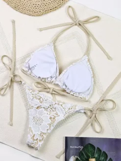Ensemble maillot de bain et paréo blanc en dentelle sexy jupe longue sans manches soutien-gorge dos nu