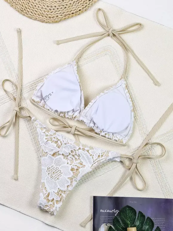 Ensemble maillot de bain et paréo blanc en dentelle sexy jupe longue sans manches soutien-gorge dos nu