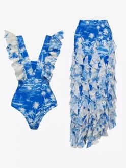 Ensemble maillot de bain bleu sexy à volants asymétrique