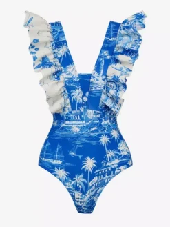 Ensemble maillot de bain bleu sexy à volants asymétrique