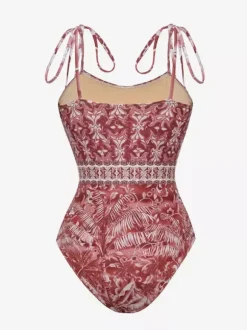 Ensemble maillot de bain et paréo rouge sexy à lacets dos nu imprimé floral bretelles et décolleté.