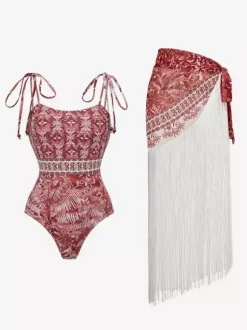 Ensemble maillot de bain et paréo rouge sexy à lacets dos nu imprimé floral bretelles et décolleté.