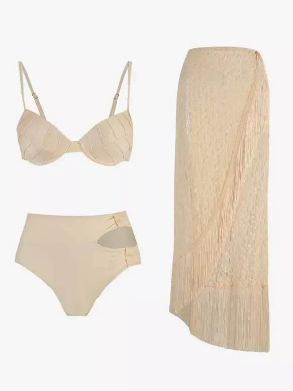 Ensemble maillots de bain et paréos abricot chic à volants bretelles et col sans manches