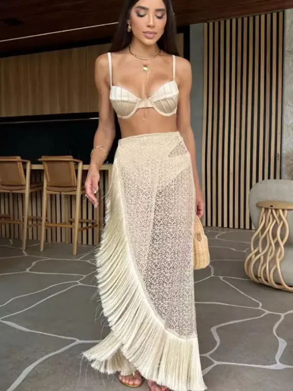 Ensemble maillots de bain et paréos abricot chic à volants bretelles et col sans manches