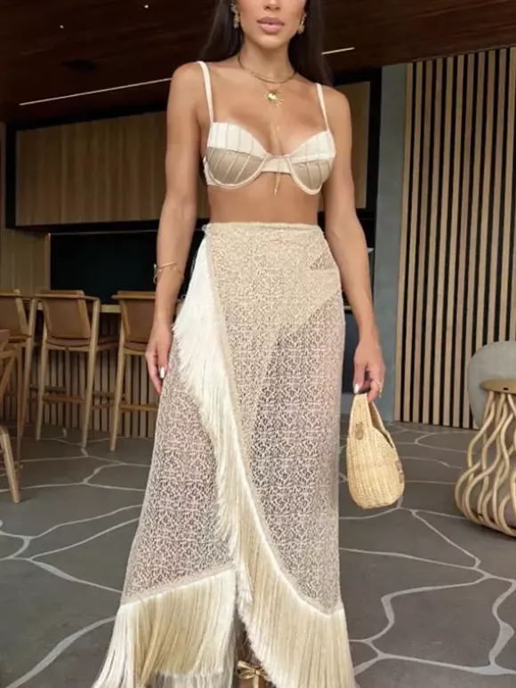 Ensemble maillots de bain et paréos abricot chic à volants bretelles et col sans manches