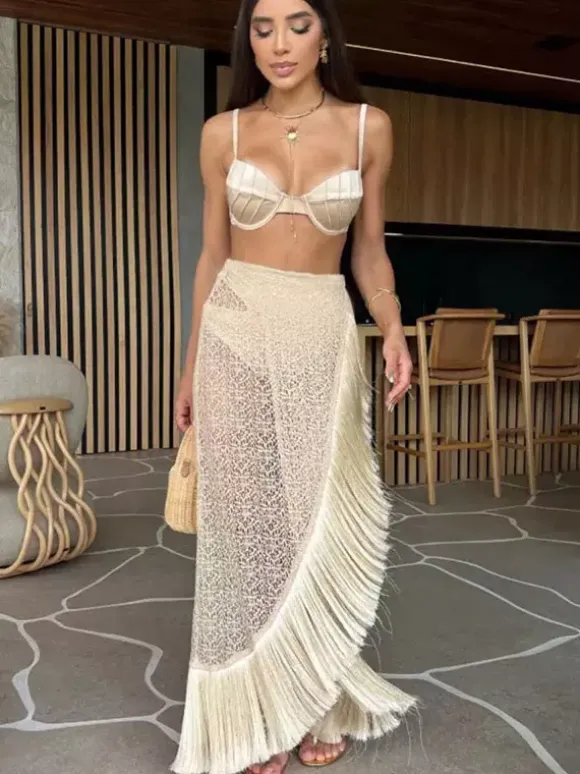 Ensemble maillots de bain et paréos abricot chic à volants bretelles et col sans manches