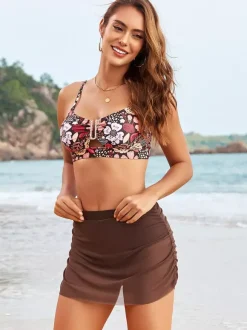 Ensemble maillots de bain et paréos orange chic à imprimé floral bretelles col sans manches