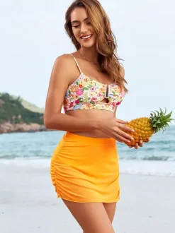 Ensemble maillots de bain et paréos orange chic à imprimé floral bretelles col sans manches