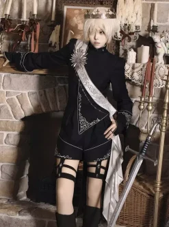 Ensemble Ouji Lolita Gothique Noir à Manches Longues Haut et Pantalon de Chevalier