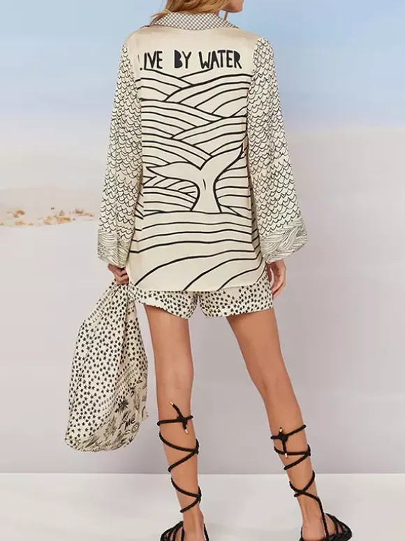 Ensemble pyjama en satin imprimé pour femme - Chemise à manches longues et col en V à motif côtier et short - Soirée croisière d'été 2026