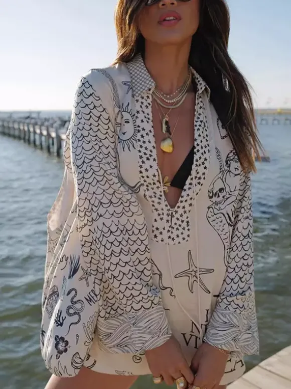 Ensemble pyjama en satin imprimé pour femme - Chemise à manches longues et col en V à motif côtier et short - Soirée croisière d'été 2026