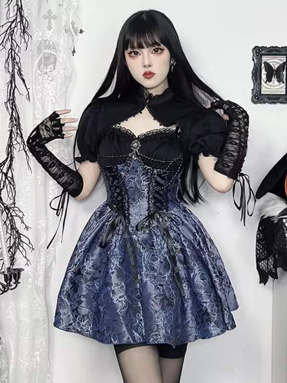 Ensemble robe nuisette et blouse en dentelle à motif floral style gothique lolita costume d' cosplay