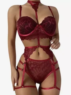 Ensemble soutien-gorge et culotte 2 pièces rouge à lacets et dos nu