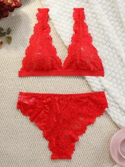 Ensemble soutien-gorge et culotte 2 pièces rouge sexy à imprimé floral et boutons dos nu
