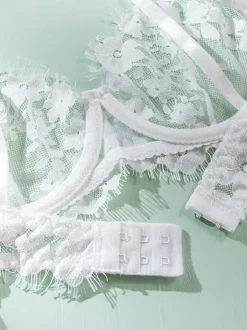 Ensemble soutien-gorge et culotte 4 pièces en dentelle blanche à volants