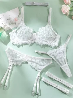 Ensemble soutien-gorge et culotte 4 pièces en dentelle blanche à volants