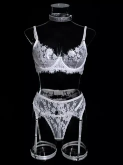 Ensemble soutien-gorge et culotte 4 pièces en dentelle blanche à volants