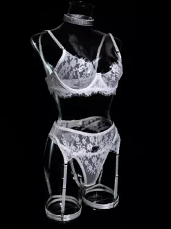 Ensemble soutien-gorge et culotte 4 pièces en dentelle blanche à volants