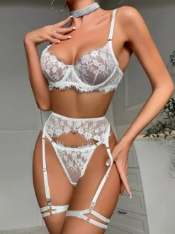 Ensemble soutien-gorge et culotte 4 pièces en dentelle blanche à volants
