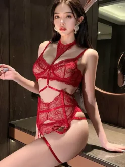 Ensemble soutien-gorge et culotte 3 pièces en dentelle rouge et violette à col halter et résille transparente